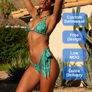 Custom Green Paisley Print 2 <b>Piece</b> Bikini <b>Set</b> Halter Neck Tie Side Swimwear Bodycon Quick Dry Spandex Polyester - Product Image 1
