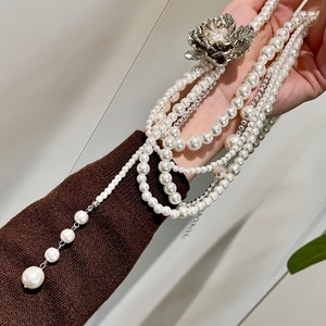 Collier chaîne superposé vintage en argent avec fleurs et perles d'imitation, bijoux de mode pour femme - Product Image 2