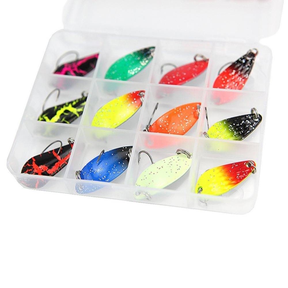 HOT-12Pcs Trout Spinners Fishing Bait Spoons Metal Lures Kit