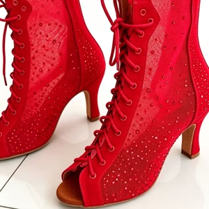 Evkoodance Scarpe da Ballo Professionali Personalizzate per <span class=keywords><strong>Donna</strong></span>, Tacco 7cm, Cristalli Rossi, per <span class=keywords><strong>Jazz</strong></span>/Salsa/Tango/Latino, in Finta Pelle Scamosciata - Product Image 4