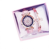 Ensemble cadeau montre et bracelet pour femme avec cadran fleur en cristal, alliage ton or rose, bracelet rose, montre-bracelet à quartz tendance, vente en gros