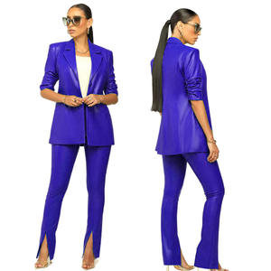 Ensemble 2 pièces de bureau en cuir PU pour femmes, Blazer à col cranté, taille haute, pantalon assorti, tenue de travail d'automne, survêtements Slim, 10% - Product Image 4
