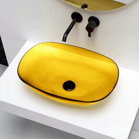 Lavabo artistique transparent ovale de luxe léger en résine colorée, petite taille, à poser sur comptoir, sans trou pour robinet