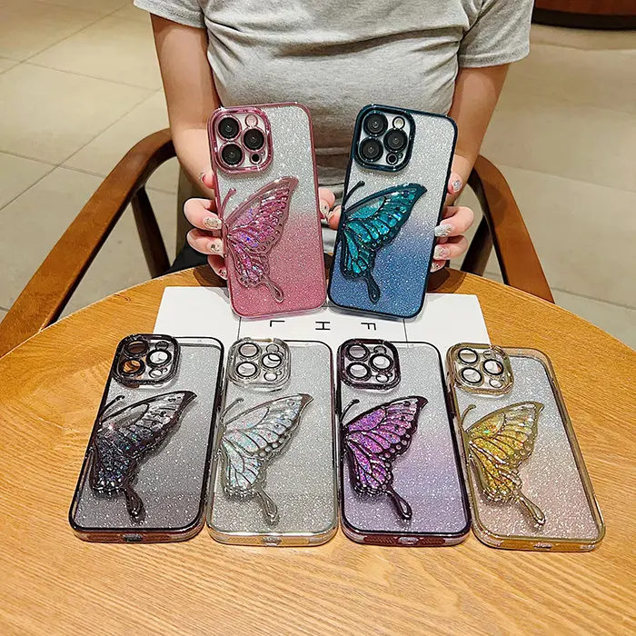 Luxe Vrouwen Drijfzand Glitter Bling Multi Color Vlinder Mobiele Telefoon Case Voor Iphone 14 15 13 12 11 Pro Max