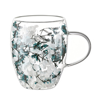 Dubbellaagse gedroogde bloemen glazen koffiemok van hoog borosilicaatglas, modern design, transparant, BPA-vrij