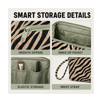 Pochette de maquillage portable grande capacité à imprimé zèbre personnalisé avec sangle de poignet, poche avant zippée, résistante à l'eau