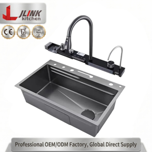 <span class=keywords><strong>Rubinetto</strong></span> da <span class=keywords><strong>Cucina</strong></span> Intelligente a Quattro Fori in <span class=keywords><strong>Acciaio</strong></span> <span class=keywords><strong>Inox</strong></span> con Cascata LED, Valvola Nano in Ottone Nero, Finitura Artigianale Quadrata - Product Image 1