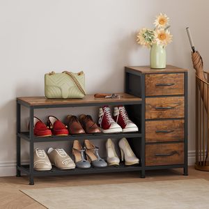 SENYU Industrial Style <b>Shoe</b> <b>Rack</b> with 3 Shelves and 4 Drawers Wood and Metal Entryway Storage Bench Modern Home Furniture - Product Image 6