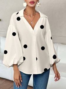 Nouveau haut décontracté à manches longues bouffantes pour <span class=keywords><strong>femme</strong></span>, motif pois français, col semi-ouvert, coupe ample, collection 2026 - Product Image 5