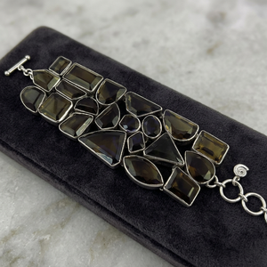 Vintage Smoky Quartz Cuff <b>Bracelet</b> 925 <b>Sterling</b> <b>Silver</b> Geometric Bezel Setting Women's Everyday Wear Jewelry - Product Image 1