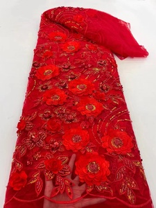 2022 Bridal Dress <strong>Material</strong> 2022 Luxury <strong>Red</strong> 3d Flowers Lace Handmade Party Lace Fabric - Product Image 3