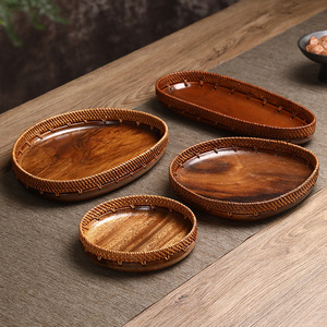 Japanese Style Handmade Rattan Lacquered Black Walnut Fruit Plate Oval Multifunctional Dessert <b>Tray</b> Storage <b>Tray</b> Desktop <b>Tea</b> - Product Image 1