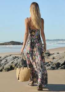 เดรสยาวผ้าลื่นสำหรับผู้หญิงเดรสแม็กซี่ลายดอกไม้สไตล์โบฮีเมีย<span class=keywords><strong>น</strong></span>แข<span class=keywords><strong>น</strong></span>กุดพิมพ์ลายดอกไม้ - Product Image 6