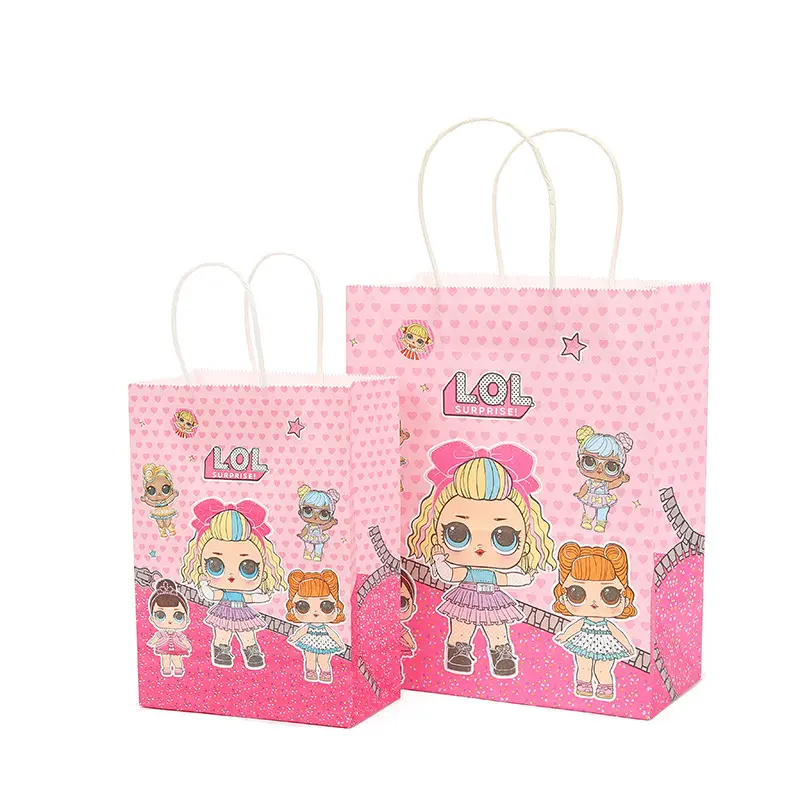 गुलाबी नई डिजाइन वितरण बाहर ले उपहार पैकेजिंग बैग जन्मदिन मुबारक बैग संभाल के साथ takeaway ले जाने ब्राउन क्राफ्ट पेपर बैग