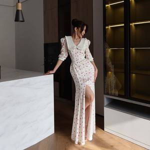 Abito lungo floreale retrò francese europeo e americano con colletto alla marinara, con cintura in vita, effetto snellente e dal taglio elegante - Product Image 2