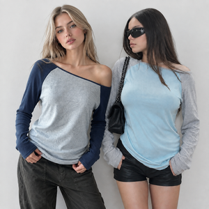 Camiseta de Manga Larga para Mujer, Diseño Asimétrico con Bloques de Color, Hombro Descubierto, Corte Holgado, Estilo Casual Urbano, Poliéster y Elastano, Otoño - Product Image 1