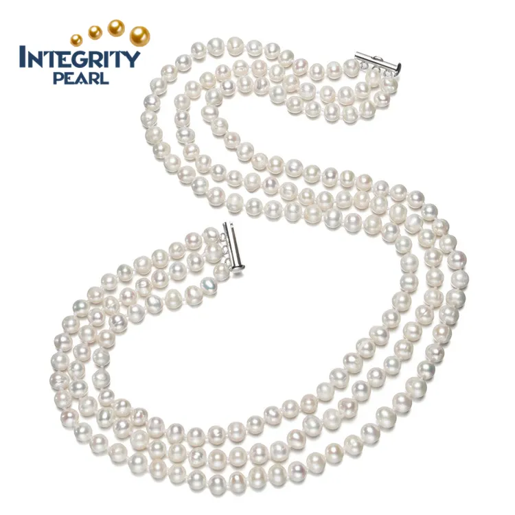 Несколькими Рядами 925 стерлингового серебра Новый дизайн для женщин ювелирные изделия Красивый белый пресной воды Жемчужное ожерелье