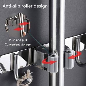 Modern Grey SUS304 Stainless Steel No-Punching Mop <b>Broom</b> <b>Holder</b> <b>Wall</b> <b>Mount</b> Non-Folding Multiple Hooks Silicone Storage - Product Image 4