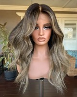 Perruque Lace Front en Cheveux Humains Remy, Longue Ondulée, Raie Libre, Brun Foncé avec Mèches Blond Cendré, Perruque Sans Colle avec Dessus en Dentelle pour Usage Quotidien