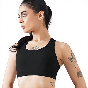 เสื้อชั้นในกีฬาผู้หญิงไร้ตะเข็บ สีดำล้วน คอกว้าง ทรง Racerback แบบครอปท็อป ระบายอากาศได้ดี ผลิตจากผ้าสแปนเด็กซ์และโพลีเอสเตอร์ ยืดได้สี่ทิศทาง เหมาะสำหรับโยคะระดับกลาง - Product Image 1