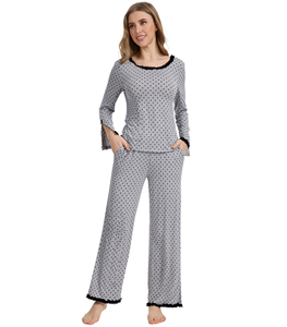 Ensemble de pyjama gris à pois pour femme, personnalisé, en modal, à manches longues, avec bordure en dentelle, vêtements de détente doux et extensibles en coton de bambou, vente en gros - Product Image 1