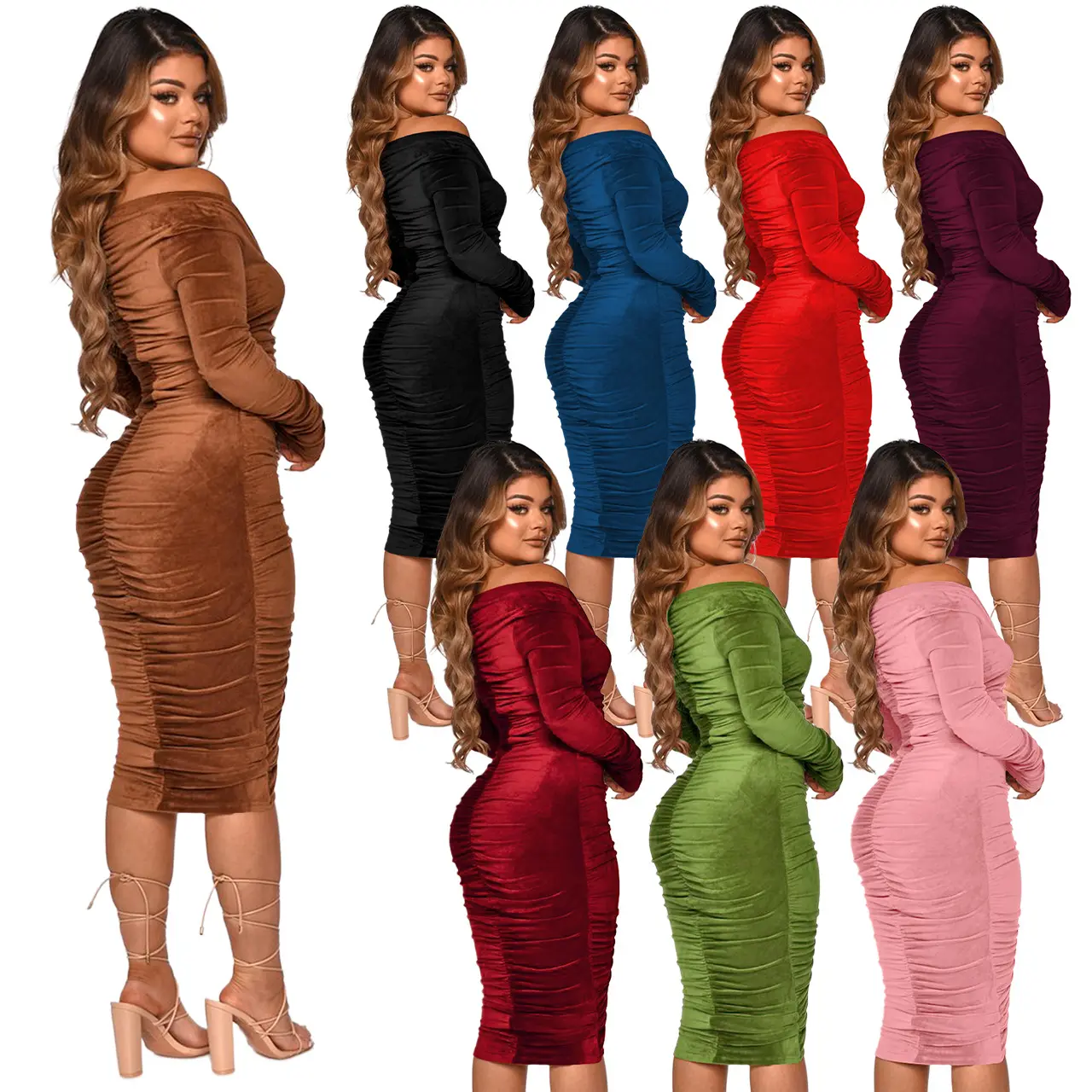 YP High Quality New Designer Solid Color Women Vintage Dresses Sexy V Neck Slim Fit Off Shoulder Ruffled Dress