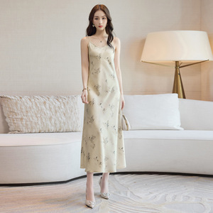 Satin Floral Print <b>Spaghetti</b> <b>Strap</b> Dress Women Summer Long Slim Fit Natural Waist Daily Casual Breathable - Product Image 1