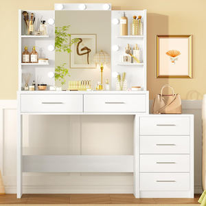 Tocador de Maquillaje <span class=keywords><strong>Blanco</strong></span> con 6 <span class=keywords><strong>Cajones</strong></span> y 6 Estantes Abiertos, Tocador con Espejo y 9 Luces LED - Product Image 1