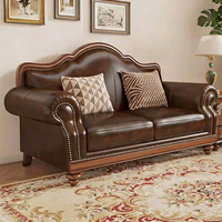 Muebles de Salón, Juego de Sofás de Madera, Sofá de Cuero de Madera Maciza de 1-2-3 Plazas, Sofá Reclinable Modular Moderno Americano