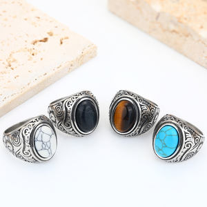 FY Retro Vintage Men <strong>Jewelry</strong> Rings Stainless Steel Amber <strong>Tibetan</strong> <strong>Silver</strong> Oval Turquoise Tiger Eye Natural Stone Finger Band Ring - Product Image 4