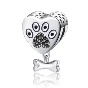 Fashion Accessories Jewelry 925 Sterling Silver White Gold Plated Black CZ Bone Paw Heart Bead Charm