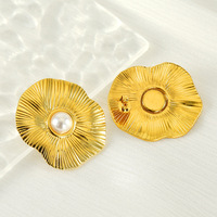 Pearl Center Flower Stud Earrings 304 Stainless Steel 18K Gold Vacuum Plated Wavy Ribbed Floral Jewelry 34x31 mm for Women Gifts