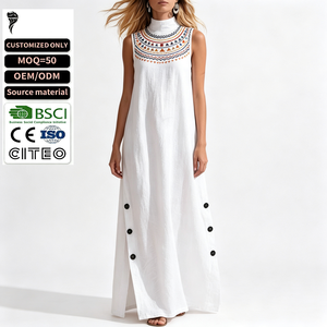 Vestido Midi Bohemio Personalizado sin Mangas con Bordado Tejido, Cuello Alto Colorido, Abertura Lateral y Detalle de Botones de Lino para Mujer - Product Image 1