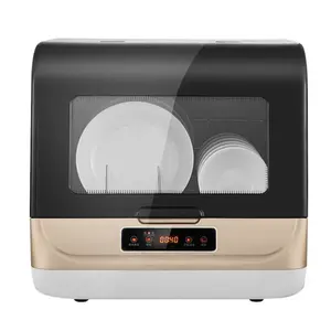 Mesin pencuci piring otomatis Mini, mesin dapur meja emas abu-abu dengan bersih