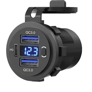 Dual USB Quick Charge 3.0 Port & PD USB C Car Charger Socket, 12V USB Outlet with Voltmeter and Power Switch for Car Boat Marine
