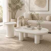 Ensemble de table basse de salon moderne en bois blanc style crème, table centrale ovale de 120 cm et table d'appoint cylindrique de 40 cm