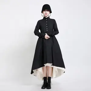 OUDINA फैशन उच्च गुणवत्ता स्टैंड-अप कॉलर एकल छाती काले टूटू पोशाक विंटेज आकस्मिक महिलाओं ढीले कपड़े