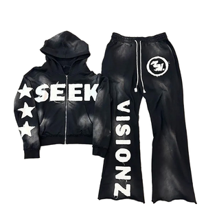 Completo <span class=keywords><strong>Tuta</strong></span> da Uomo Personalizzato Oversize con Lavaggio Acido Effetto Invecchiato e Patch Ricamato, Felpa con Cappuccio e <span class=keywords><strong>Pantaloni</strong></span> a Zampa Vintage Traspiranti per l'Autunno - Product Image 1