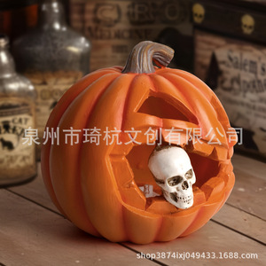 Halloween Pumpkin <b>Lantern</b> With Skull Ornament Indoor Decoration Synthetic Resin Party Prop - Product Image 3