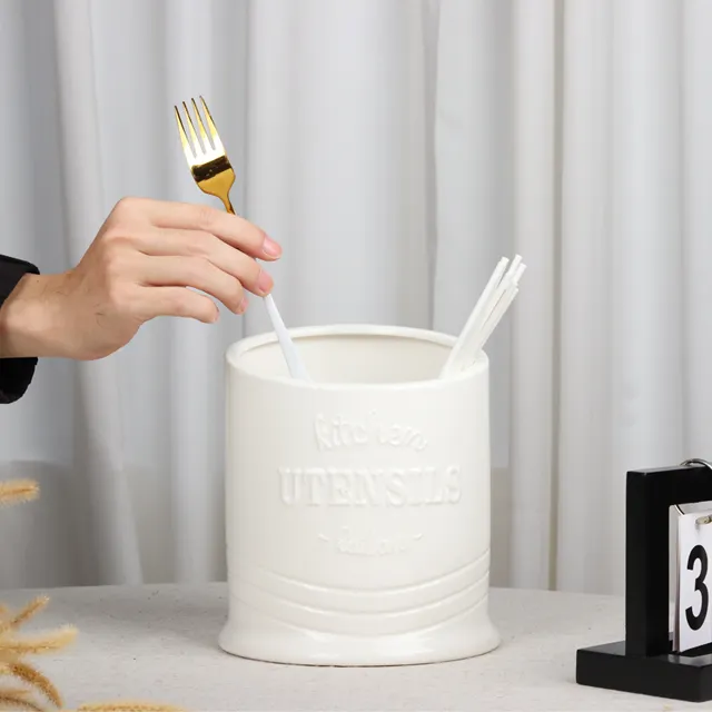 Custom Logo Cylinder Porcelain Cutlery Serving Spoons Fork Stand Holder Kitchen Tools Ceramic Utensil Holder