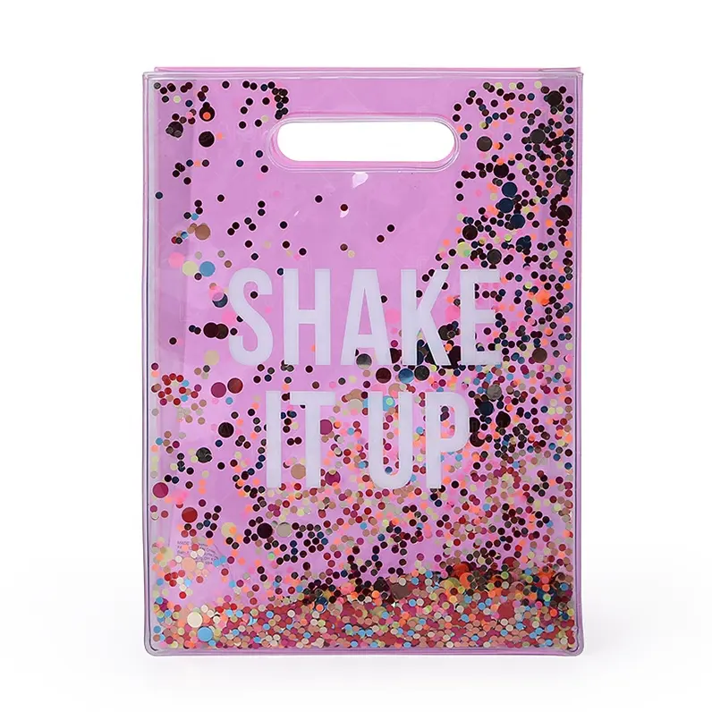Custom Art Packaging Bag, Take Away Bag PVC Clear Holographic Cosmetic Packaging Bag with Glitter