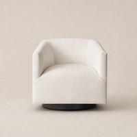 Fauteuil pivotant moderne en tissu ivoire, fauteuil de détente rembourré avec base ronde noire pour salon