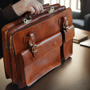 High Quality Modern Genuine <b>Leather</b> Portable Lightweight Laptop <b>Briefcase</b> Brown Customizable Gift Him Shoulder Bag - Product Image 2