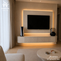 Meuble TV mural flottant, console multimédia cannelée, bord incurvé, blanc, style Japandi, mobilier de salon, fabricant, vente en gros, OEM