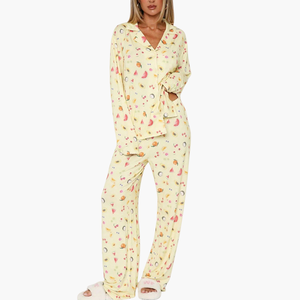 Pijamas de Algodón Modal de Manga Larga con Estampado de Frutas, Cuello de Solapa, Ropa de Dormir Cómoda, Pijamas de Bambú para Mujer - Product Image 1
