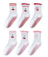 Chaussettes mi-mollet antidérapantes en silicone pour yoga, pilates, fitness, course à pied, sport, broderie cerise blanche, pour femmes adultes 2026