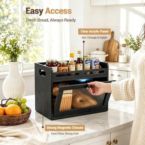 Bread Storage Box Double Layer Wooden With Lid Fruit Rack <b>Kitchen</b> Countertop Organizer Solid Wood Rectangle Design - Product Image 3
