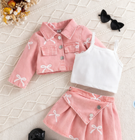 Ensemble de vêtements en denim tendance, 3 pièces, tenue rose avec nœud, veste, jupe et haut, Conjunto De Ropa Denim