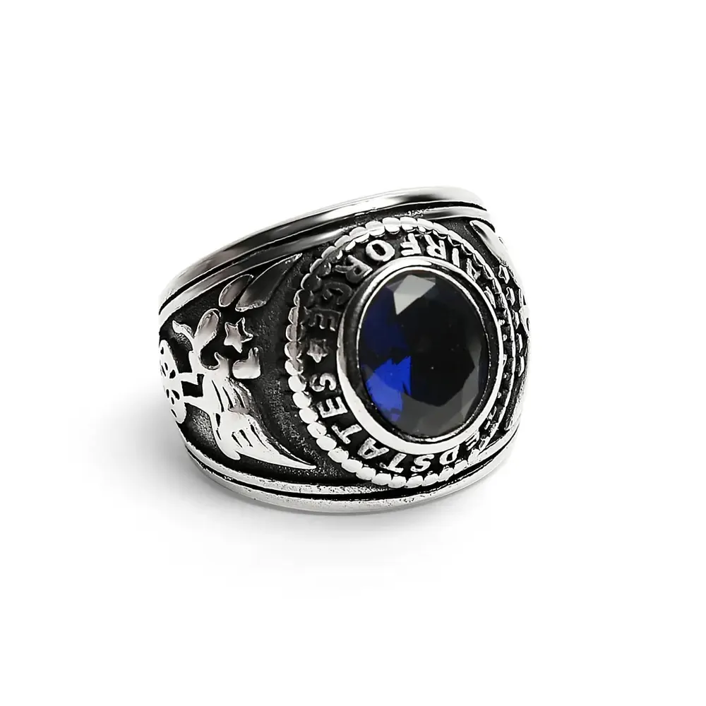 Grosir perhiasan cincin pria baja tahan karat Militer Angkatan Udara Amerika Serikat kelas atas dengan kualitas Premium batu biru
