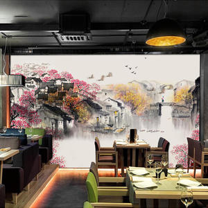 Encre de Chine Paysage Peinture Hôtel Papier Peint Eau Ville Fond Papier Peint Hot <span class=keywords><strong>Pot</strong></span> Restaurant Chambre Privée Décoration Murale - Product Image 2